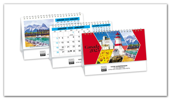 This desk calendar offers scenes of Canadian beauty and can be personalized with your business information in 2 languages.