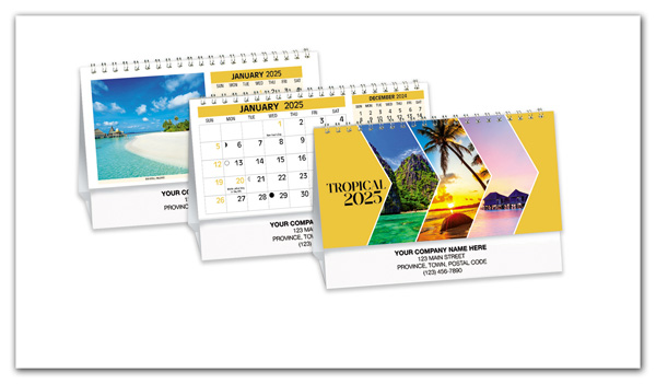 Spiral desk calendars with a tropical theme, 2025 year.